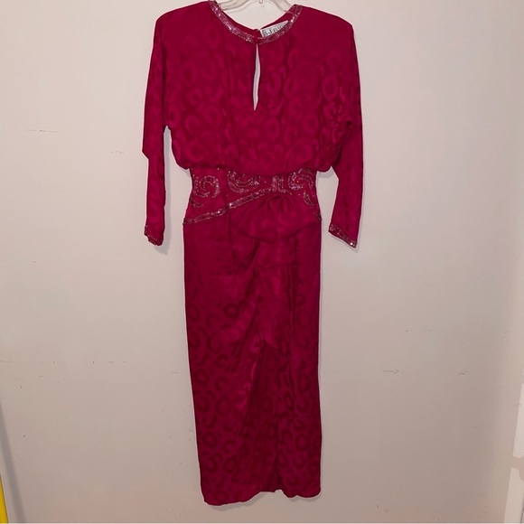 Vintage A J Bari For Neiman Marcus Silk Midi Dress with Beading and Bloused Top - Picture 1 of 11